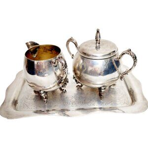 Vintage Silverplate Sheridan Cream & Sugar with  Silver over Copper Tray